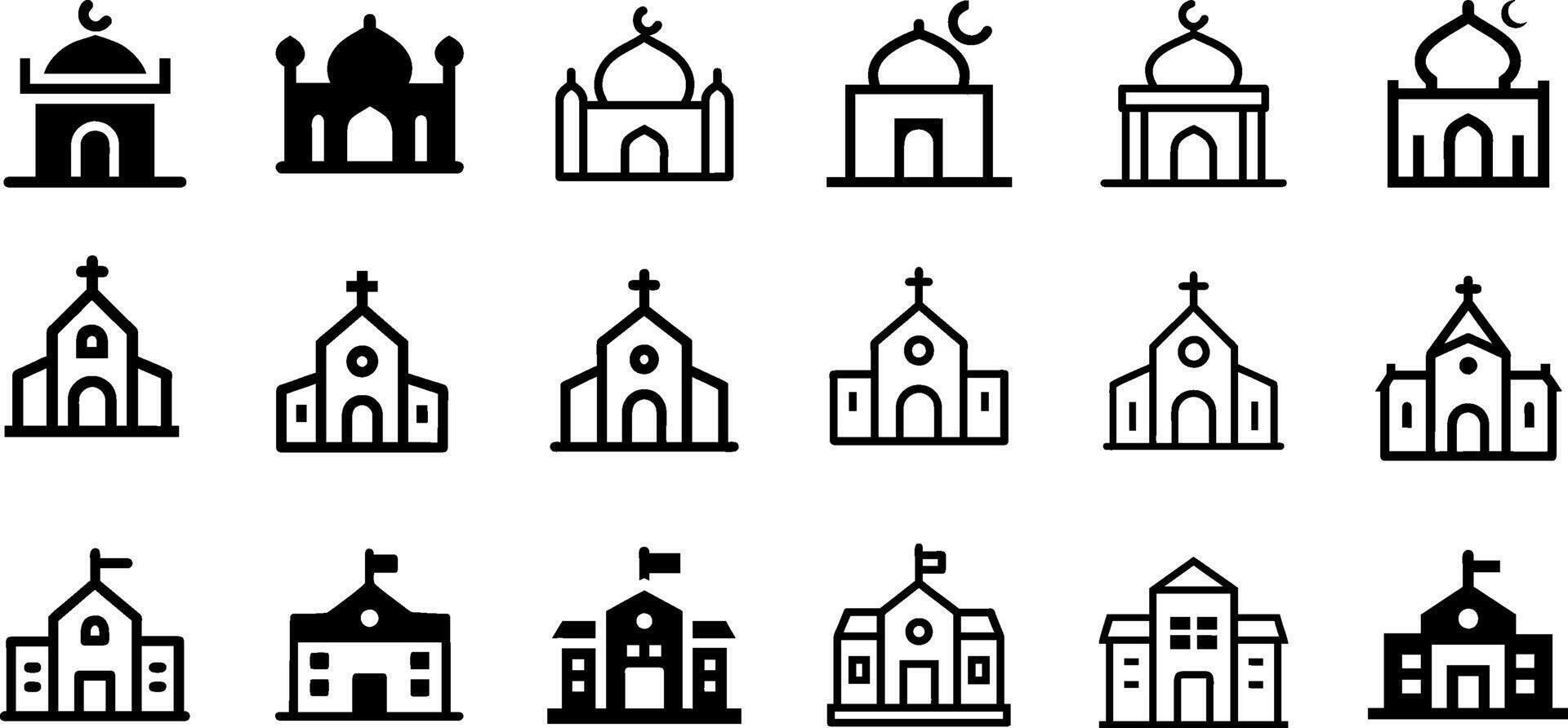 Mosque Church and School Building Icon Set Community Structures Collection vector