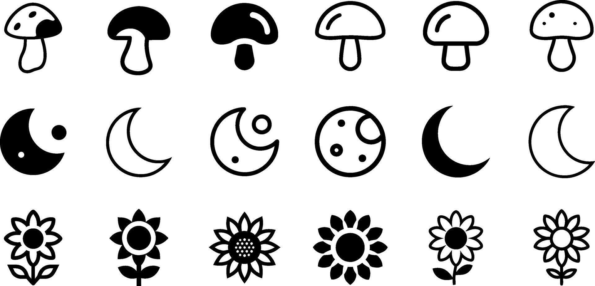 Enchanted Flora and Celestial Icon Set Mushroom Moon Sunflower vector