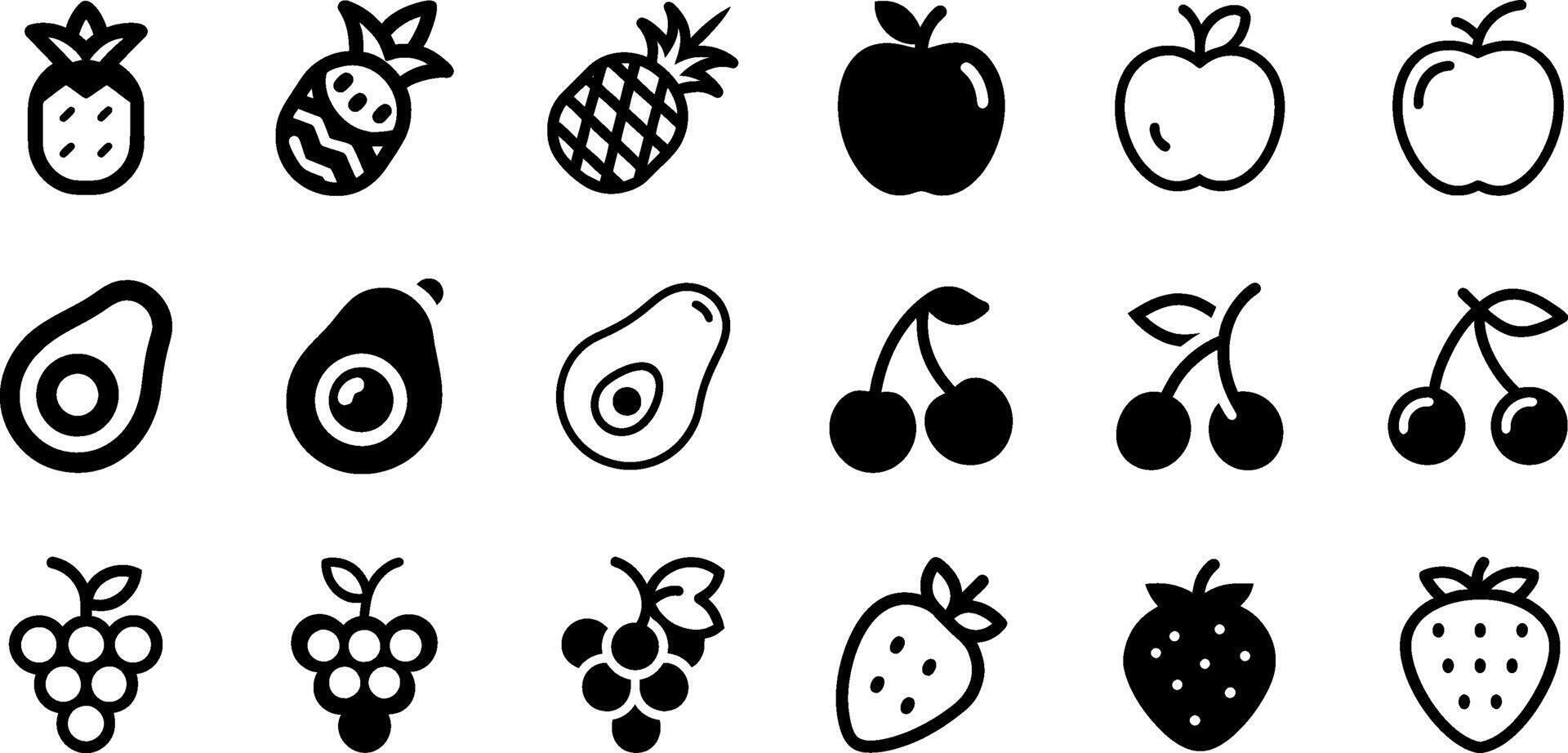 Vibrant Fruit Icons Pineapple Apple Avocado Cherries Grape Strawberry Pack vector