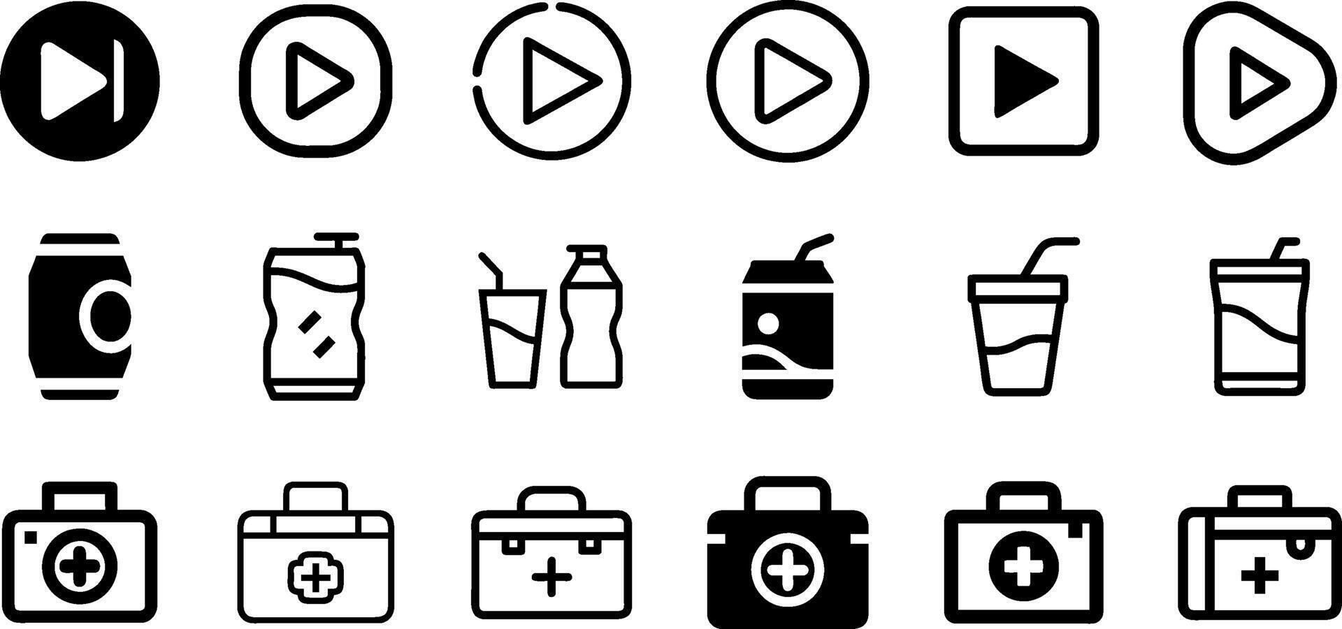 Recreation and Health Icon Set Play Button Soft Drink First Aid Kit vector