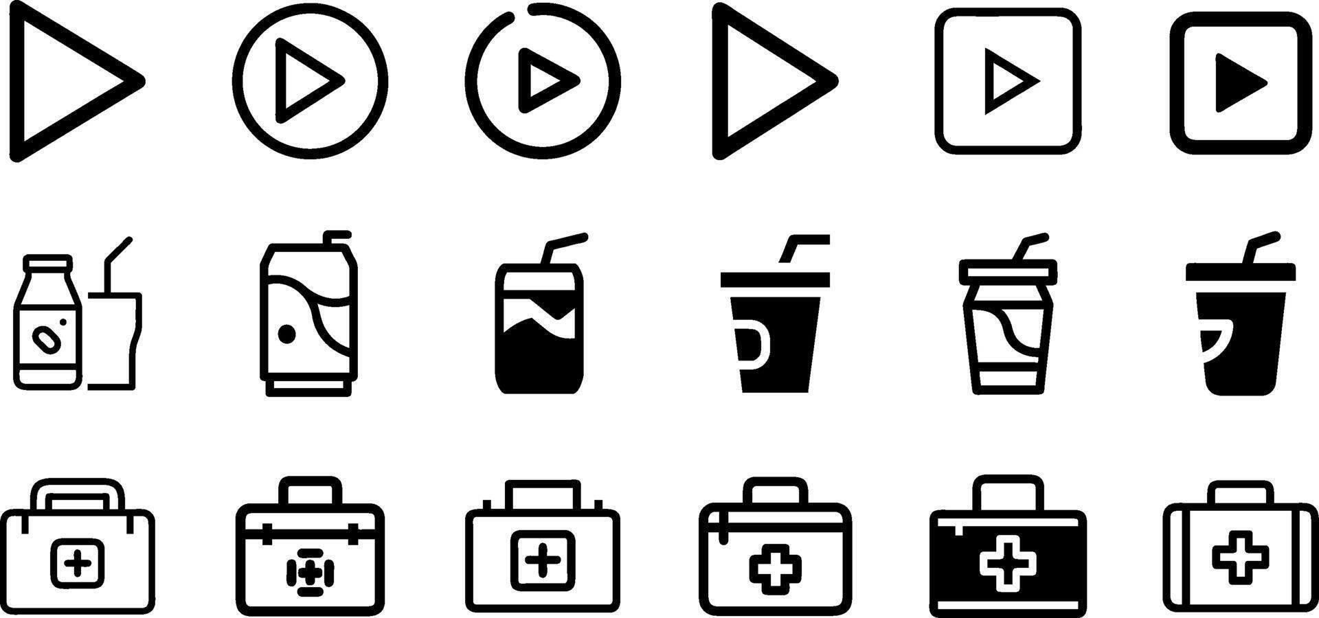 Play Button Soft Drink and First Aid Kit Icon Set Fun and Safety Collection vector