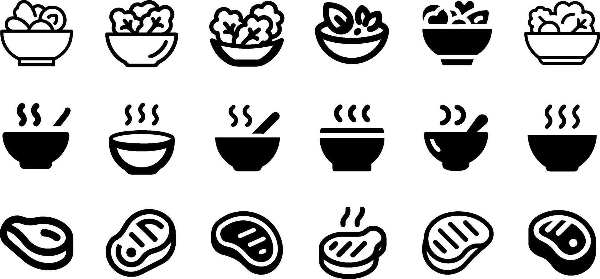 Minimalist Food Icons Salad Soup Steak Design vector