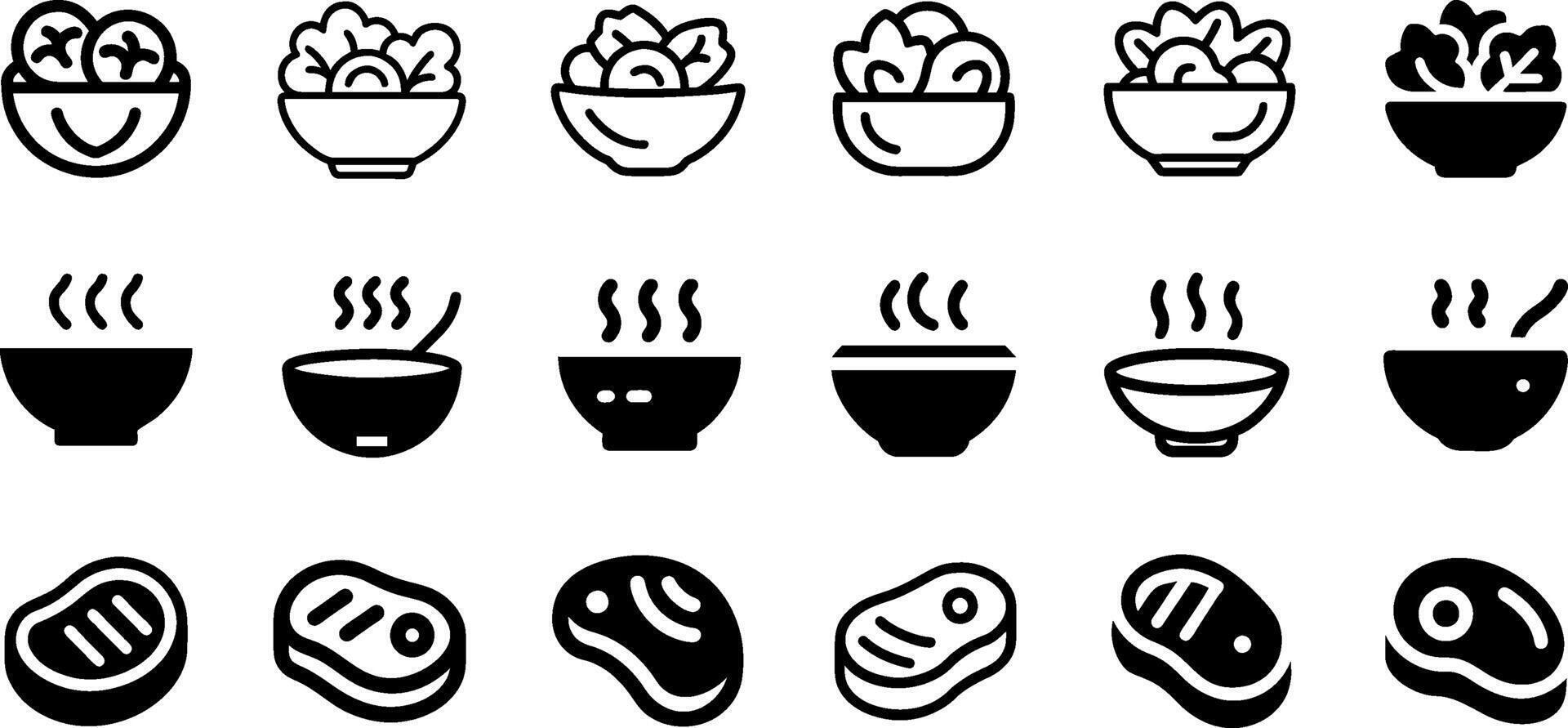 Delicious Icons Salad Soup and Steak Pack vector