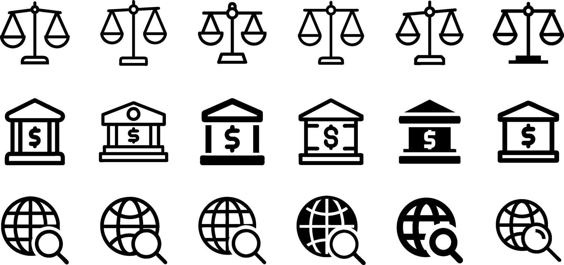 Minimalist Legal and Financial Icons Scales of Justice Bank Globe Search Design vector