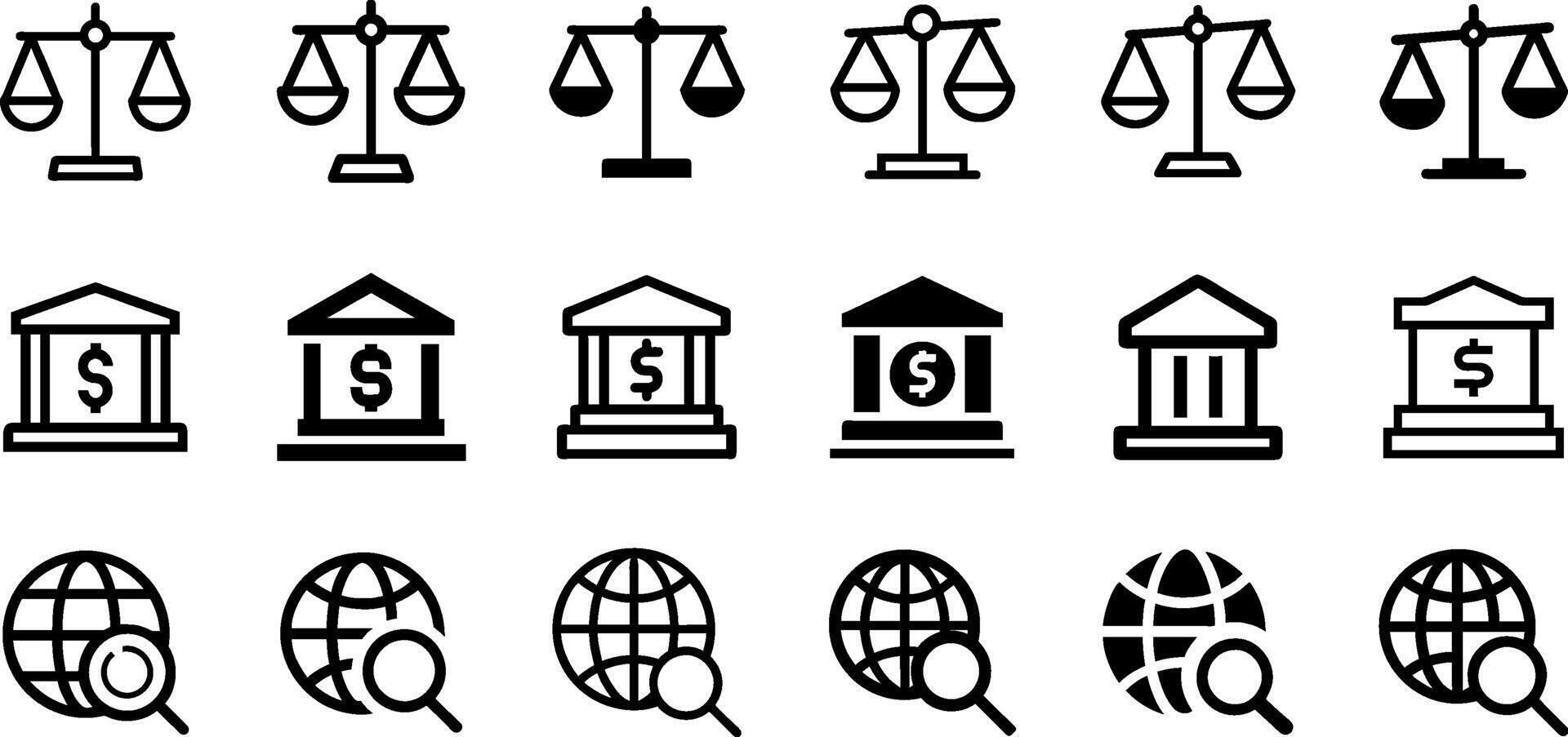 Scales of Justice Bank Globe and Search Icon Set Legal and Financial Collection vector