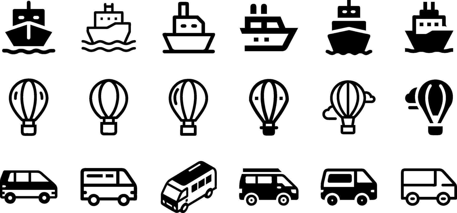 Diverse Transportation Icons Ship Hot Air Balloon and Sprinter Van Pack vector