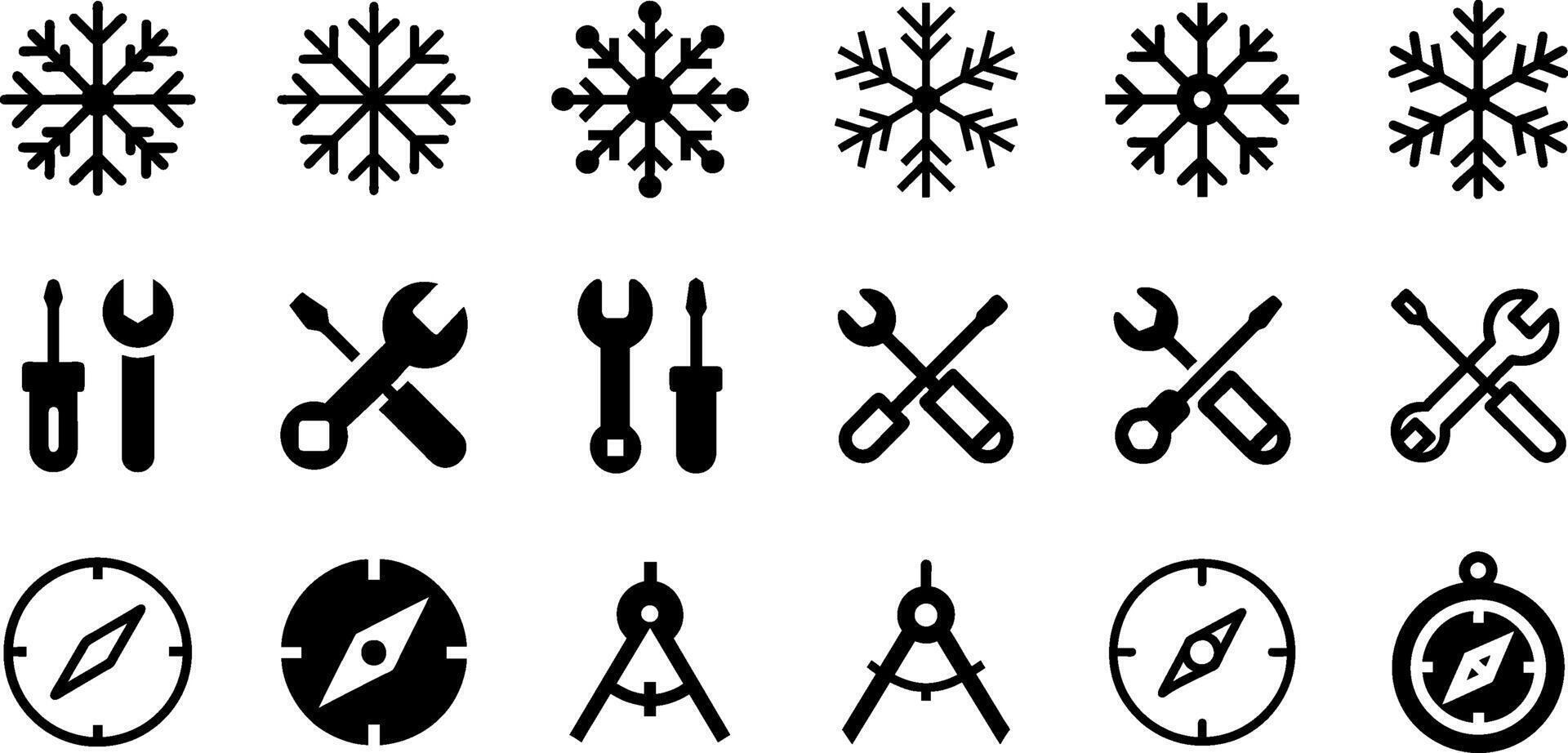 Minimalist Tools and Navigation Icons Snowflake Wrench and Screwdriver Compass Design vector
