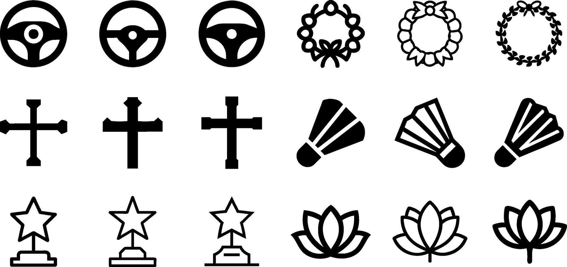 Minimalist Symbols Icon Set Steering Wheel Wreath Christian Cross Shuttlecock Star Trophy Lotus Flower Design vector
