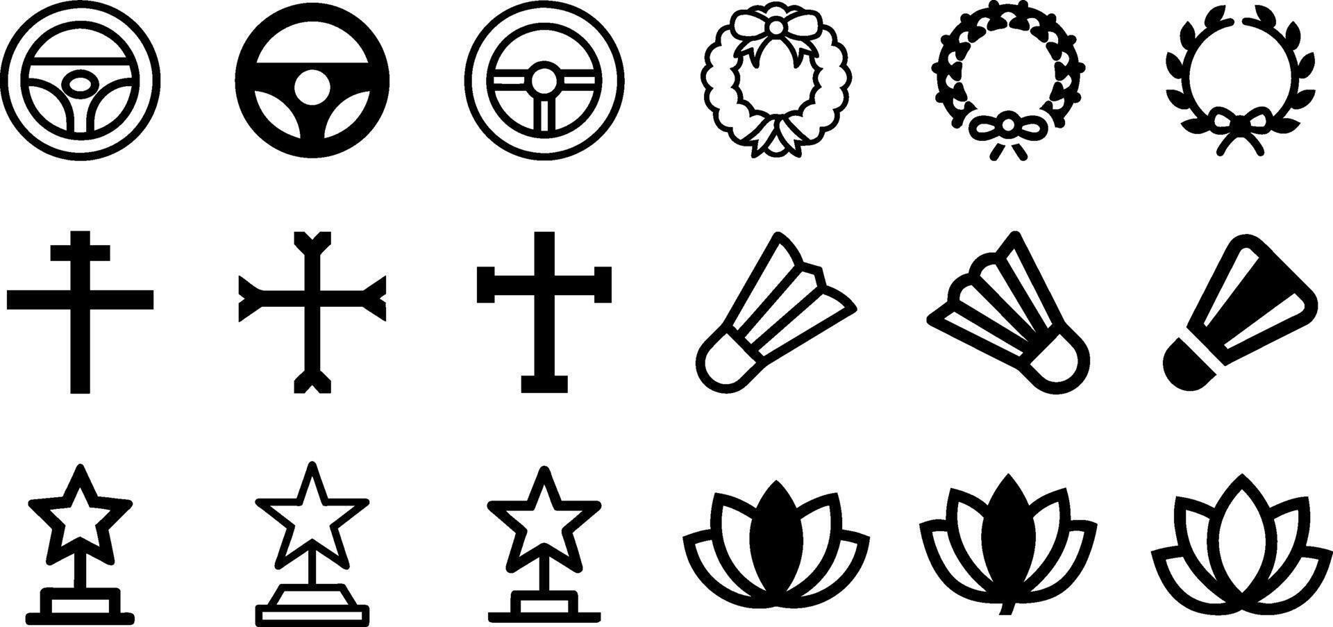 Steering Wheel Wreath Christian Cross Shuttlecock Star Trophy and Lotus Flower Icon Set vector