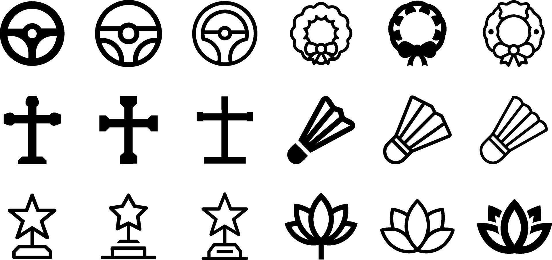 Diverse Icons Steering Wheel Wreath Christian Cross Shuttlecock Star Trophy Lotus Flower Pack vector