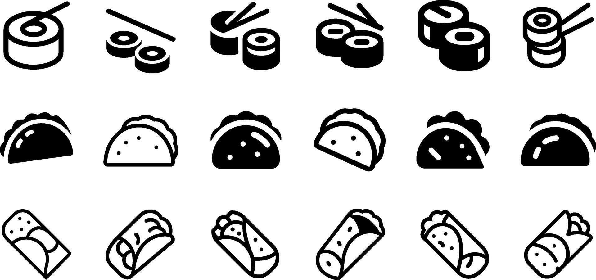 Delicious Food Icons Sushi Tacos and Burrito Pack vector