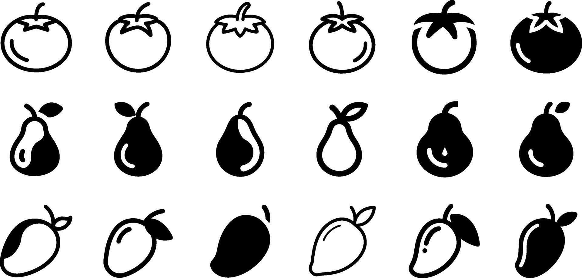 Tropical and Garden Fruit Icons Tomato Pear and Mango Pack vector