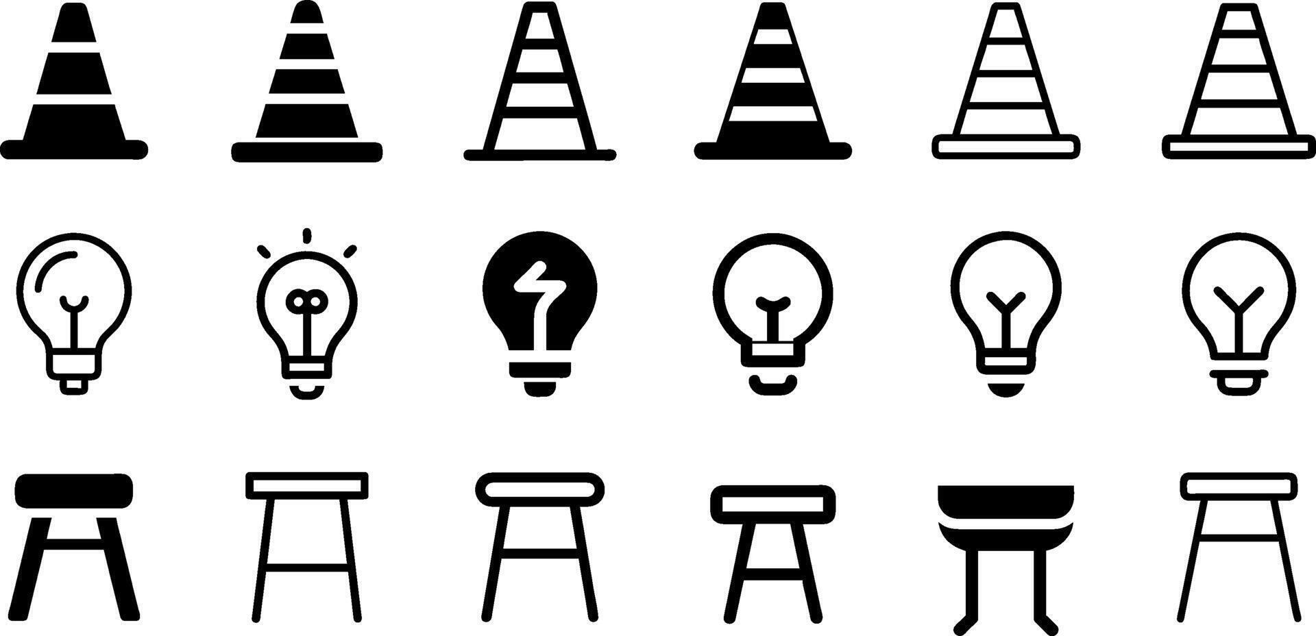 Traffic Cone Light Bulb and Stool Icon Set Essential Design Collection vector