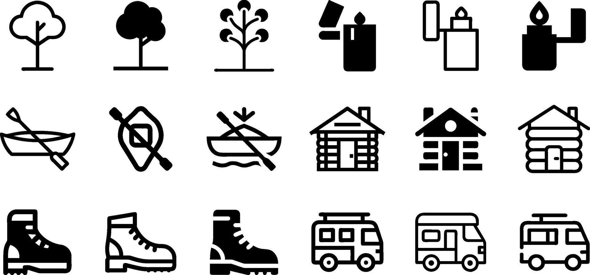 Minimalist Outdoor Icons Tree Lighter Rowing Boat Log Cabin Hiking Boot Camper Van vector