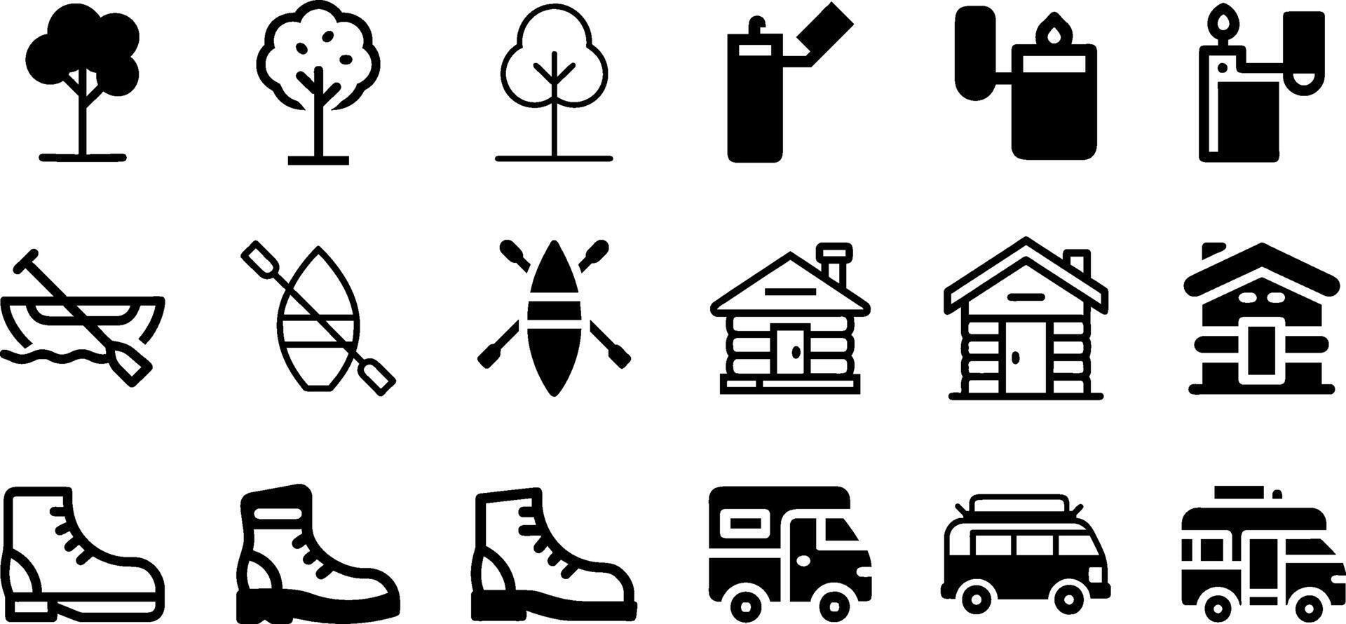 Tree Lighter Rowing Boat Log Cabin Hiking Boot and Camper Van Icon Set Outdoor Adventure Collection vector