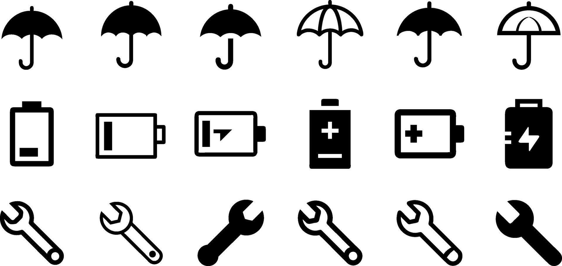 Everyday Essentials Icon Set Umbrella Battery and Wrench Symbols vector