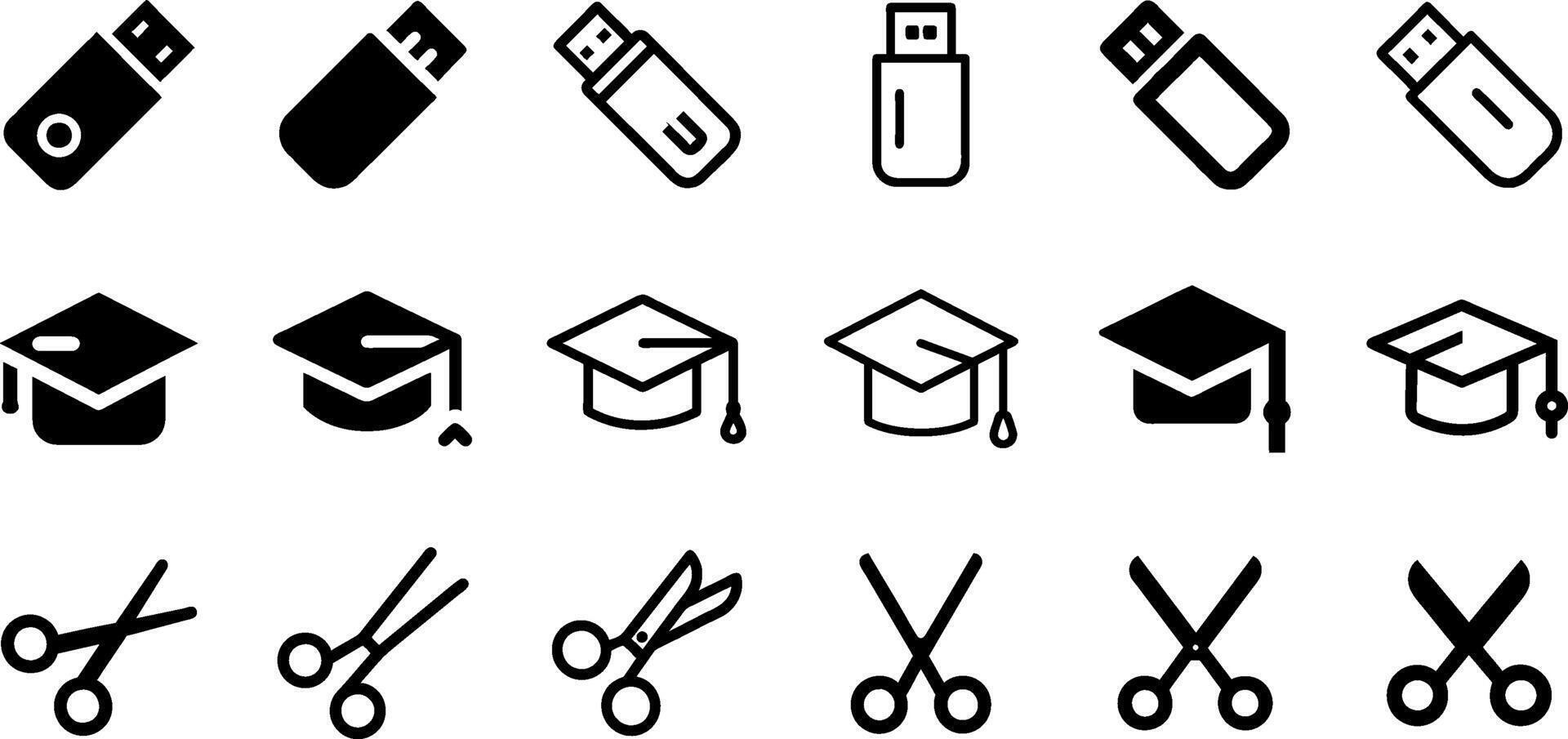 USB Graduation Cap and Scissor Icon Set Education and Office Tools vector