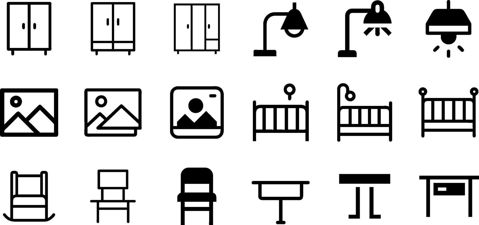 Wardrobe Office Light Picture Baby Bed Chair and Table Icon Set Home and Office Essentials vector