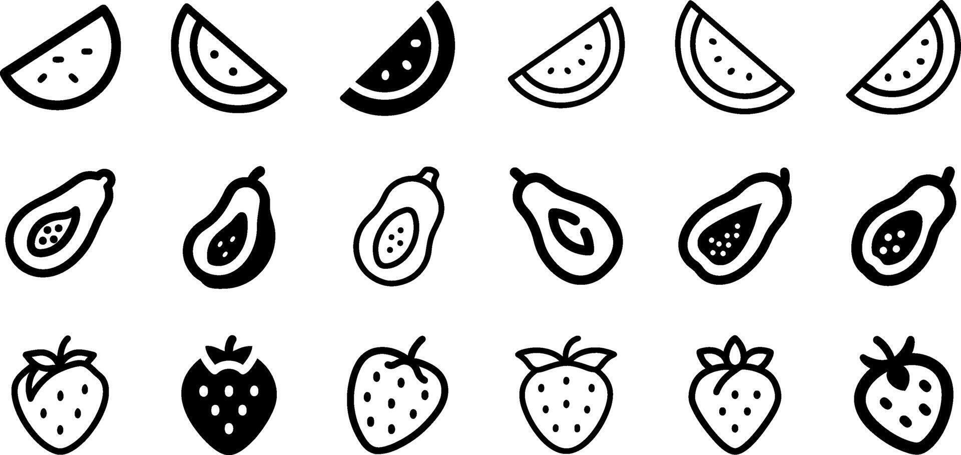 Watermelon Papaya and Strawberry Icon Set Fresh Fruit Collection vector