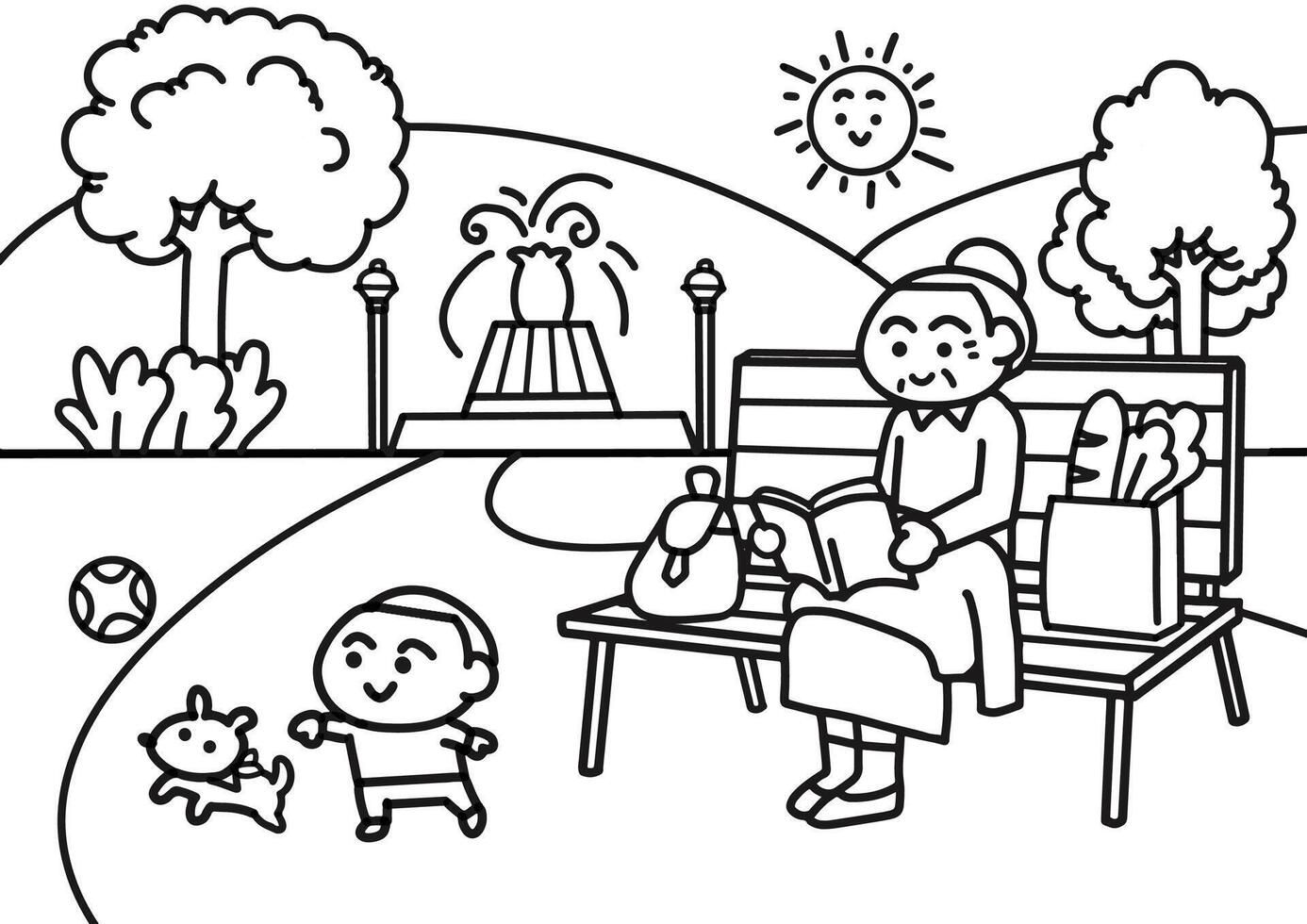 Elderly relaxing with grandson at the park. vector