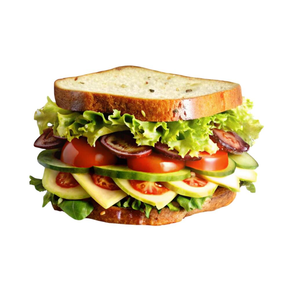 A Delicious and Healthy Veggie Sandwich with Avocado, Tomato, Cucumber and Lettuce photo