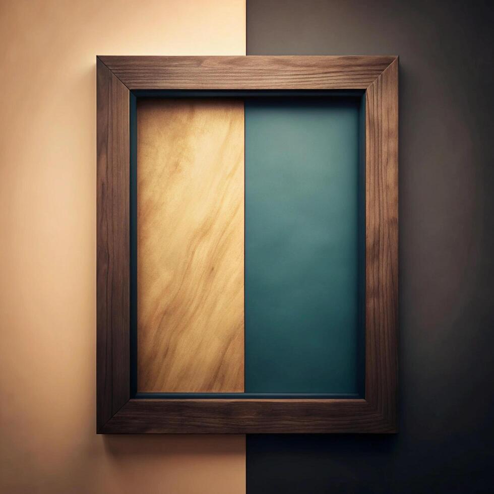 Modern Minimalist Wooden Frame with TwoTone Interior Design Element on a Beige and Dark Brown Wall photo