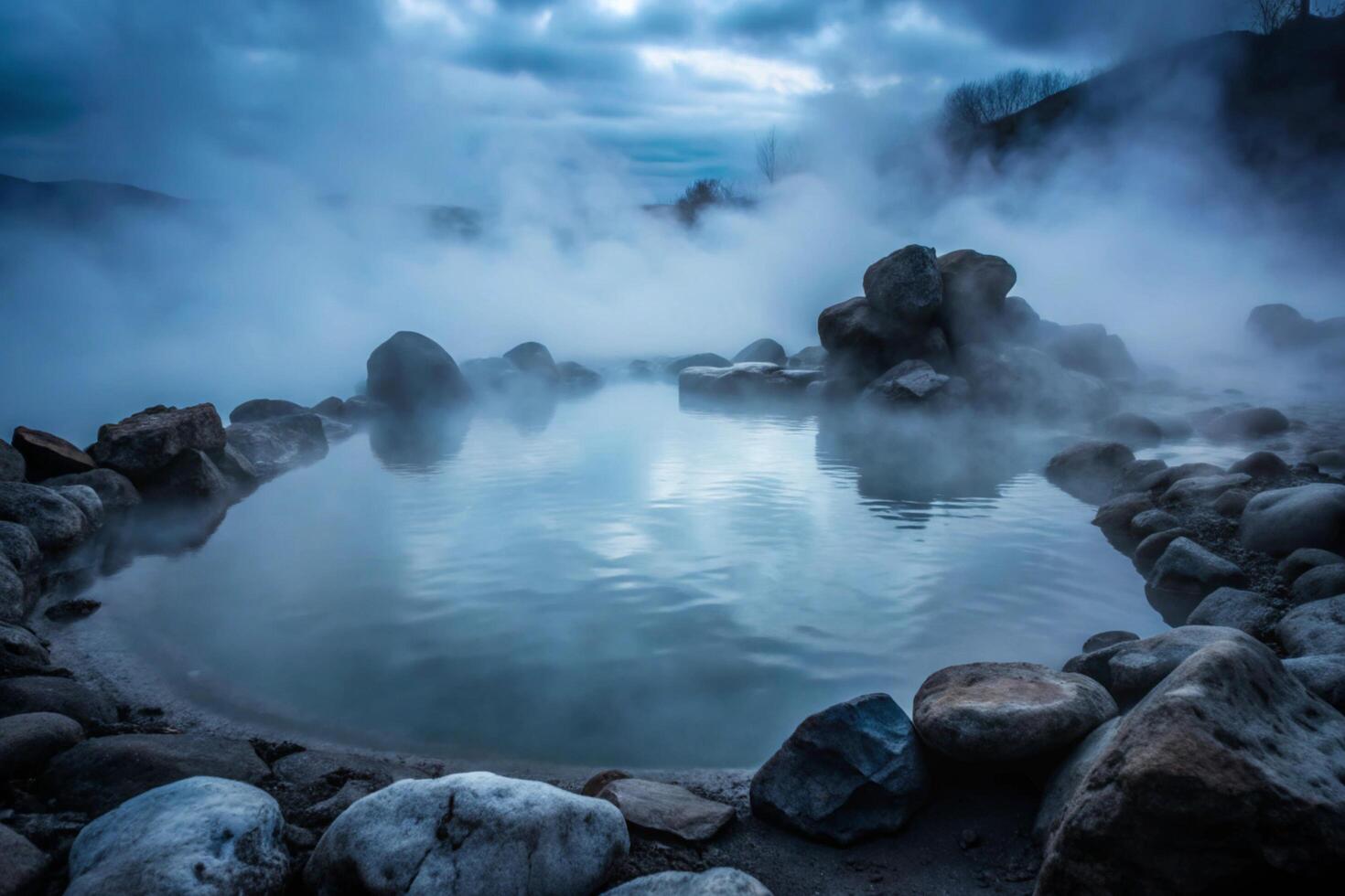 Serene Geothermal Hot Spring Surrounded by Misty Mountains and Rocks at Dawn photo