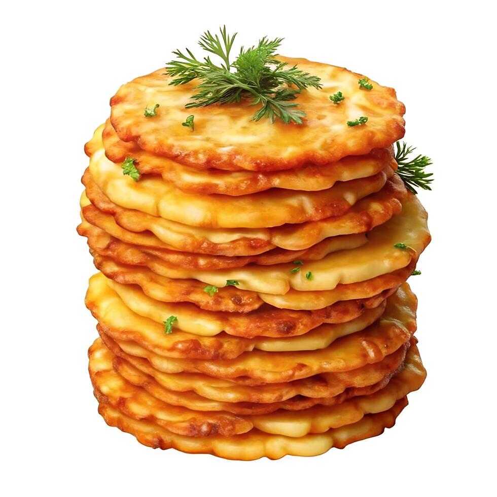 A Stack of Golden Brown Fried Potato Pancakes Topped with Fresh Parsley photo