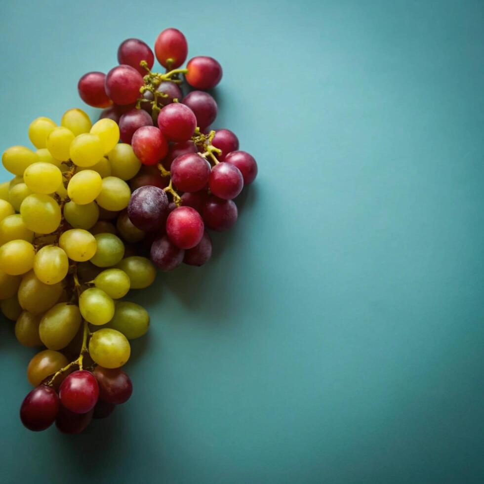 A delightful cluster of green and red grapes on a teal background, showcasing the vibrant colors and natural beauty of fresh fruit photo