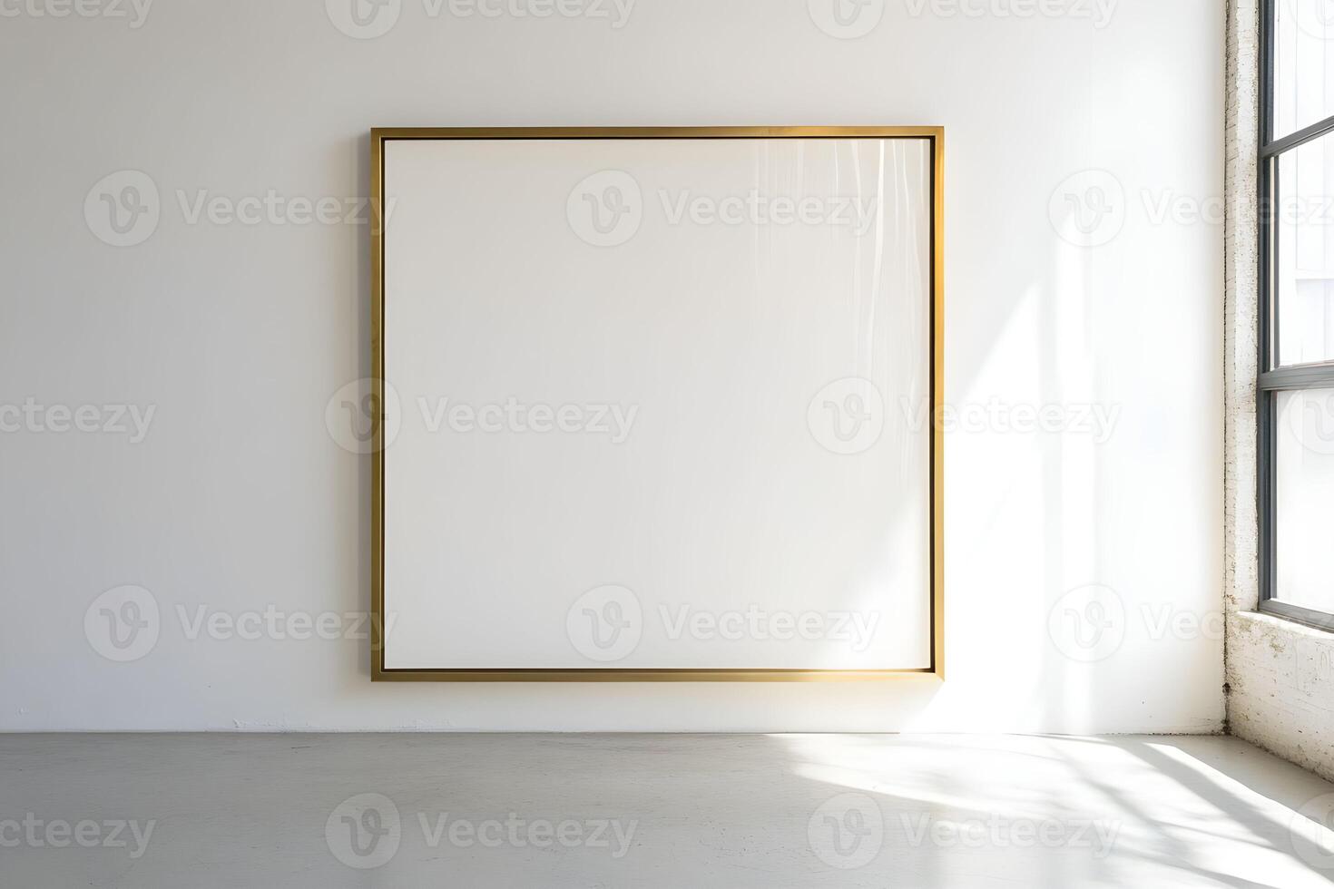 Minimalist art space featuring a large empty frame for wall art mockup in a bright room with natural light streaming through a window. photo