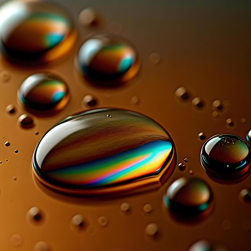 Macro Photography of iridescent water droplets on a dark brown surface showcasing vibrant rainbow reflections and small bubbles photo