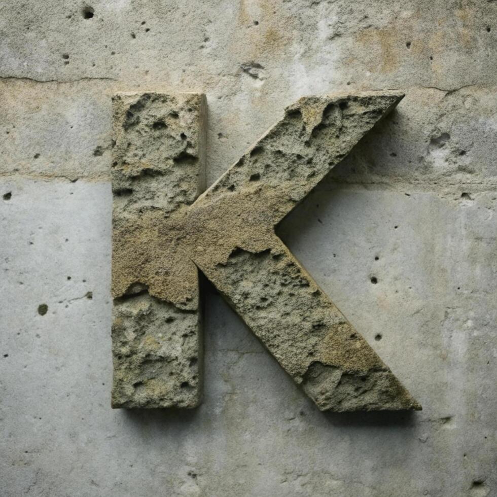 A weathered stone letter K embedded in a concrete wall photo
