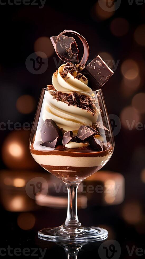 Decadent chocolate dessert served in a glass with swirls of cream and chocolate garnishes on a softly lit background photo