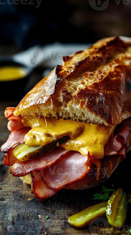 Delicious ham and cheese sandwich with pickles served on crusty bread at a rustic wooden table in a cozy kitchen setting photo