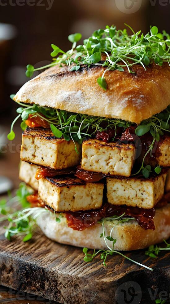 Delicious stack of grilled tofu and fresh greens on toasted bread with a rustic wooden background photo