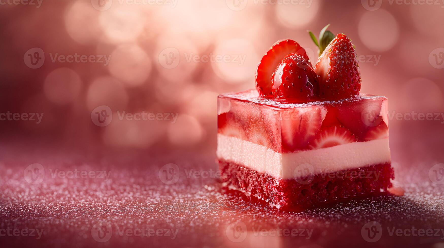 Delectable strawberry layer cake with a glossy finish presented against a shimmering background photo