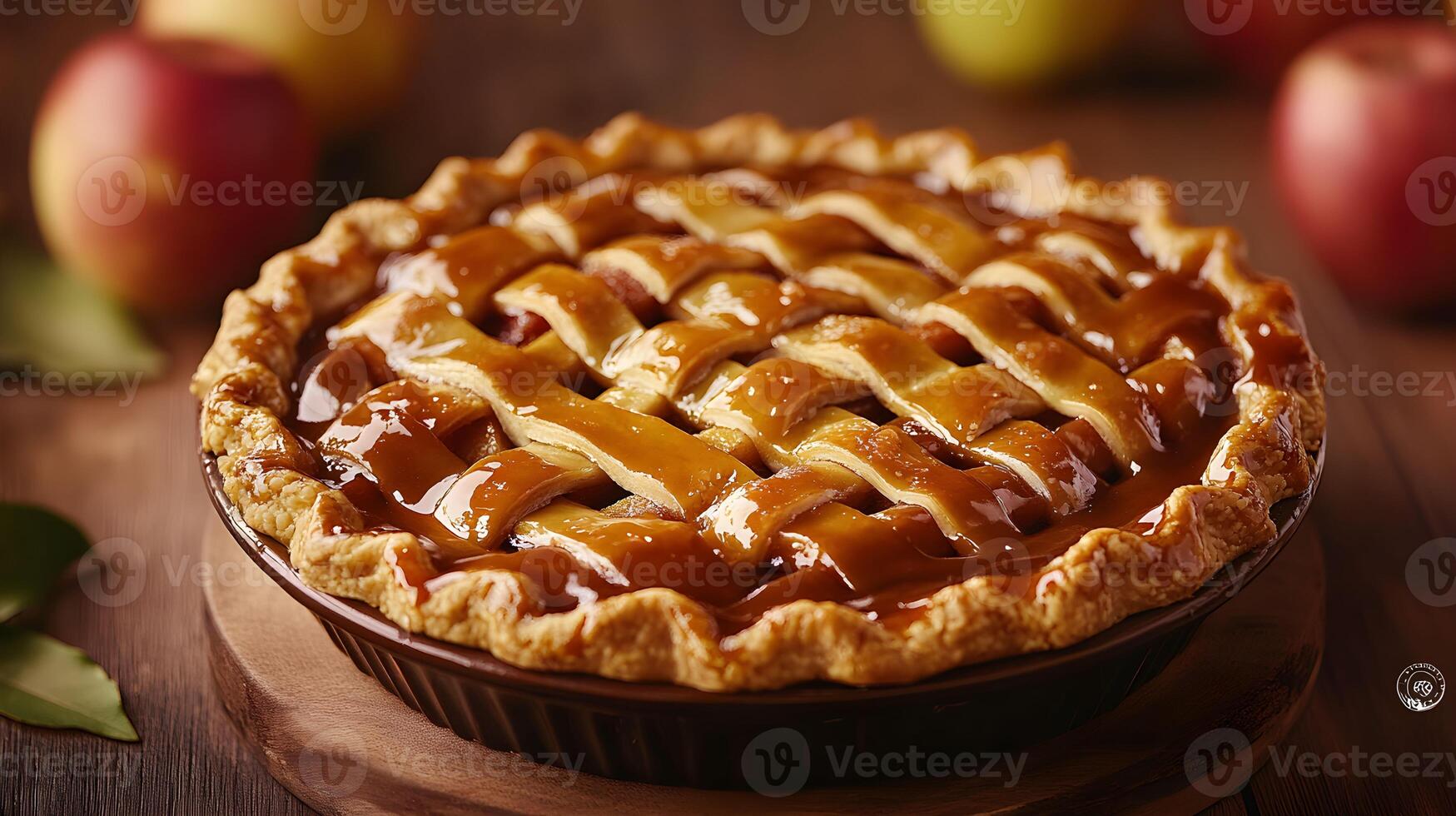Delicious apple pie baked with a golden crust and a lattice design on a wooden table surrounded by fresh apples photo