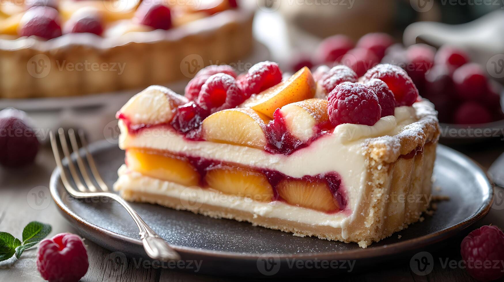 Delicious fruit tart with layers of creamy filling, fresh peaches, and raspberries served on a rustic wooden table photo