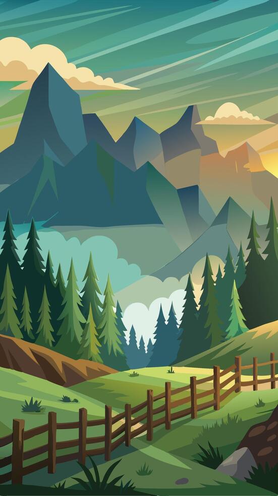 Misty Mountain Landscape with Wooden Fence Bordering Tranquil Path vector