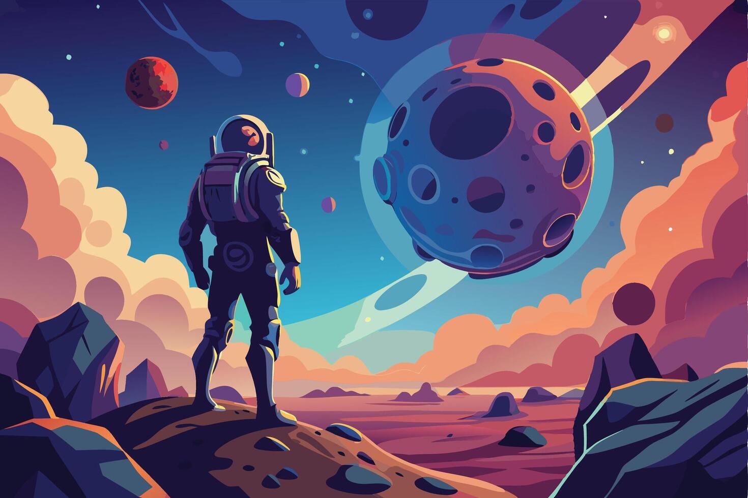 Silhouette of an Astronaut Standing on a Cosmic Horizon vector