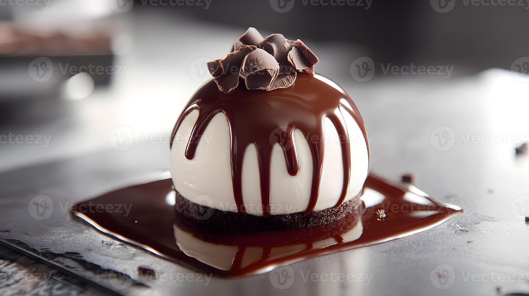 Delicious chocolate dessert with creamy dome and chocolate shavings served on a black stone plate photo
