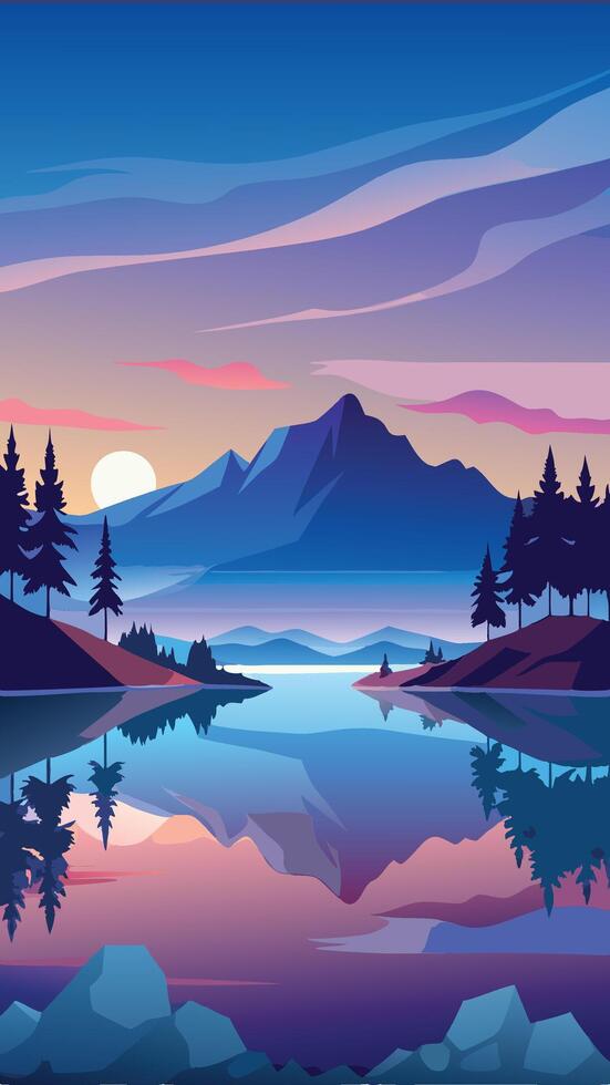 Silhouette Tranquility Serene Lake Reflection at Dusk vector