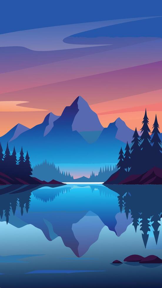 Serene Silhouette of a Placid Lake Reflecting the Evening Sky vector