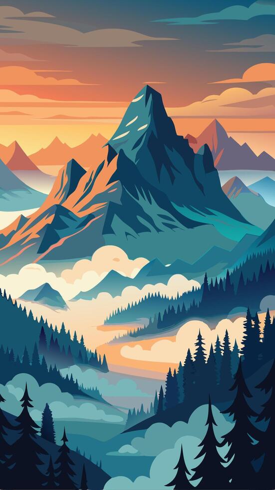 Majestic Mountain Peaks Piercing Through a Serene Azure Sky vector