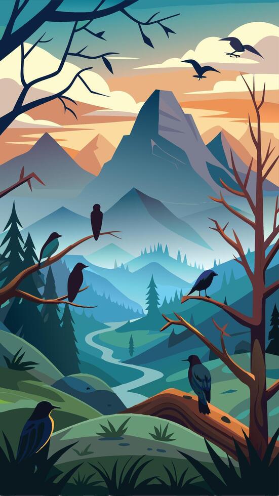 Avian Symphony A Gathering of Birds on Tree Branches vector