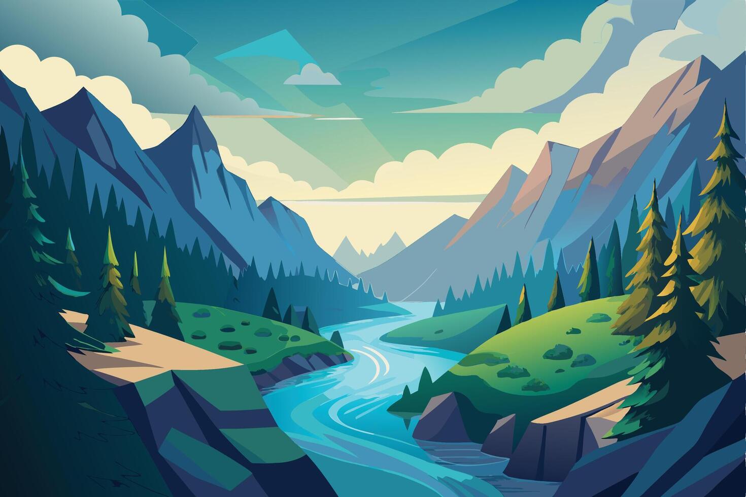 Scenic Illustration of a River Carving a Path Through a Verdant Forest vector