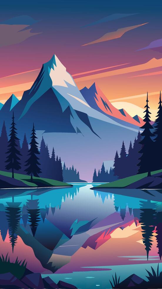 Misty Mountain Peaks Mirrored in Crystal Clear Lake vector