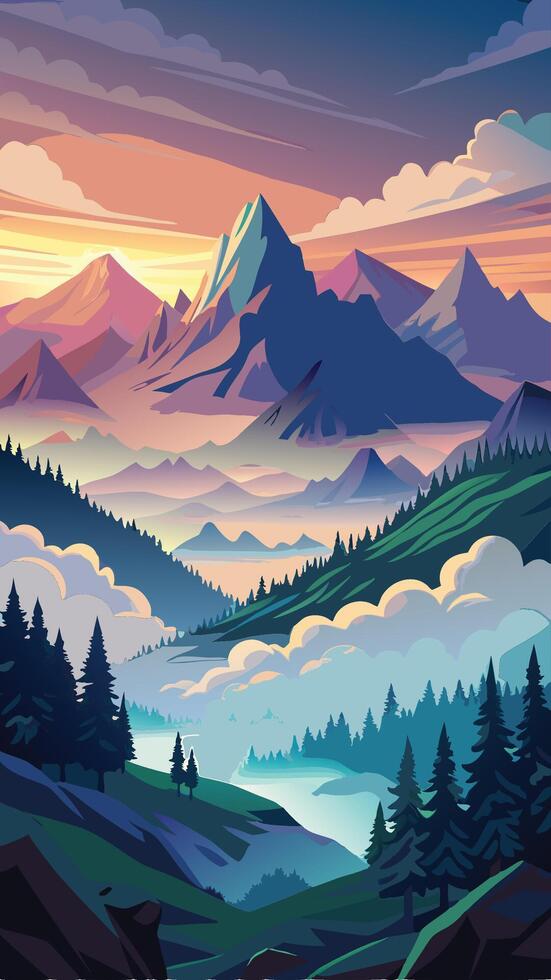 Distant Mountain Peaks Shrouded in Ethereal Mist vector