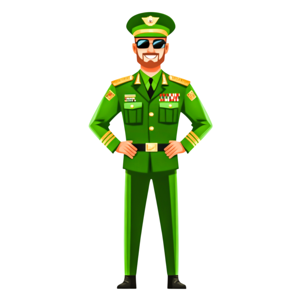 Confident Soldier in Green Uniform with Sunglasses and Medals png
