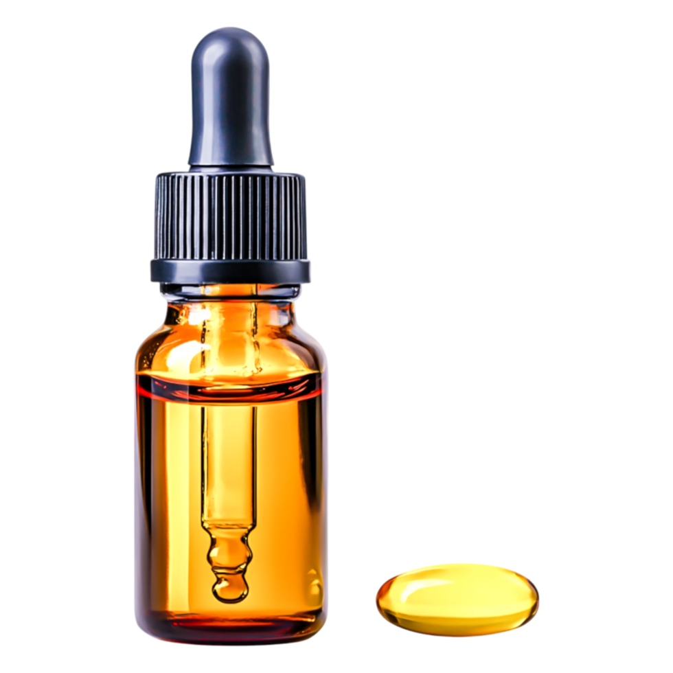 Amber Glass Dropper Bottle with Liquid and Drop on Surface png
